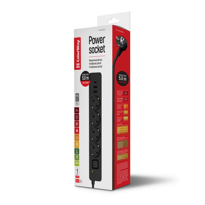 Мережевий фільтр СolorWay 4 розетки/3USB (2USB-A + 1 TYPE-C) (24W) Black 5M (CW-CHE435PDB)