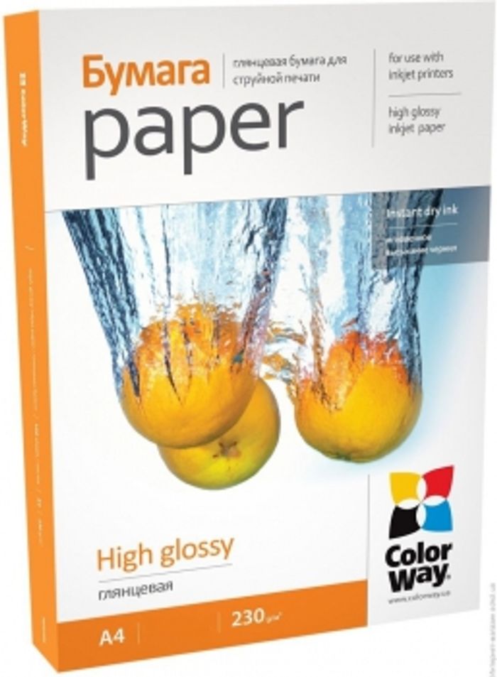 Фотопапір ColorWay глянцевий 230г/м, A4 PG230-100 карт.уп.